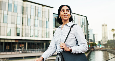 Buy stock photo Happy, walking and business woman in city for morning commute, journey and travel to work. Thinking, corporate and person with inspiration to start career, job opportunity and ambition in town