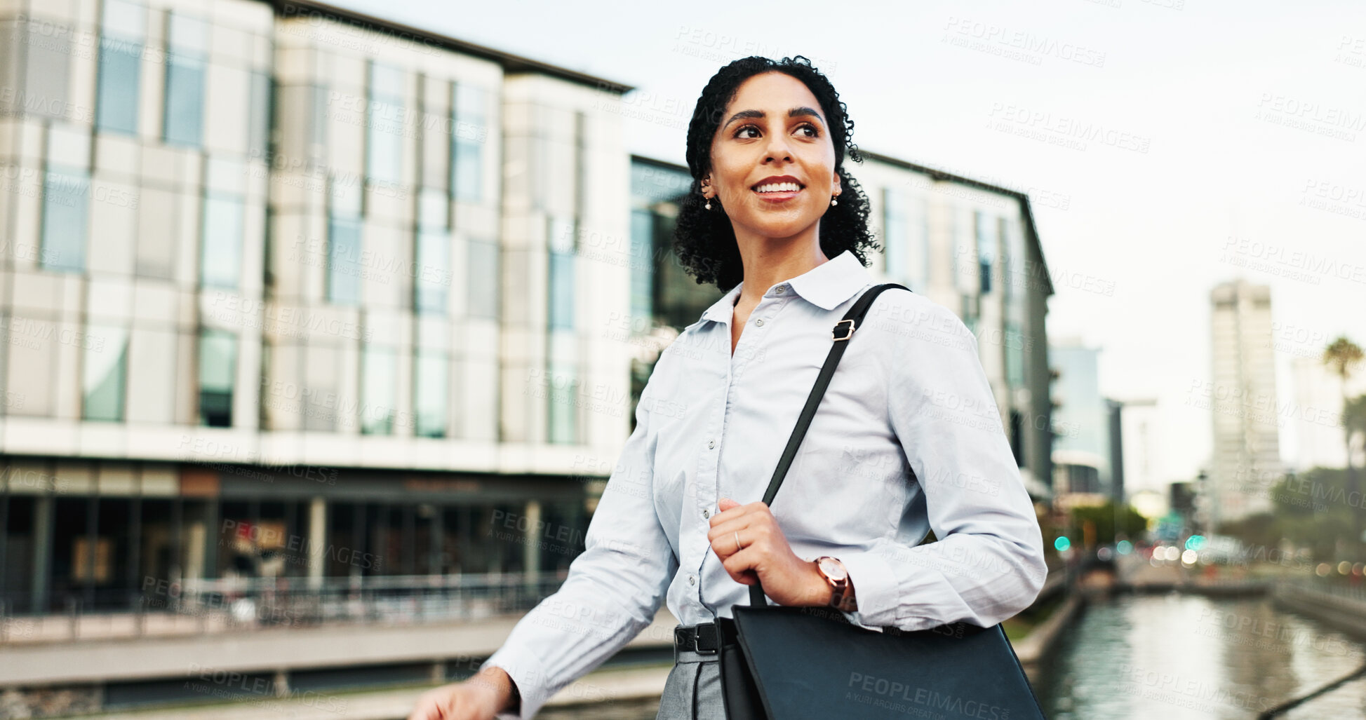 Buy stock photo Happy, walking and business woman in city for morning commute, journey and travel to work. Thinking, corporate and person with inspiration to start career, job opportunity and ambition in town