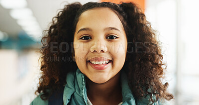 Buy stock photo Learning, portrait and student with girl in library for child development, future or growth. Education, scholarship and study with kid learner at school for classroom lesson, course or knowledge
