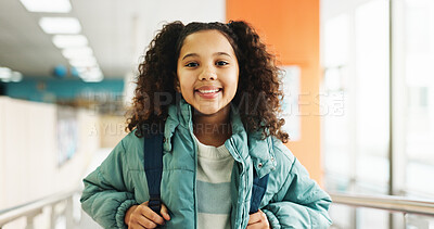 Buy stock photo Happy girl, portrait and student with backpack at elementary school for growth, education or learning. Face, child or kid with smile, bag or knowledge for academic future or childhood development