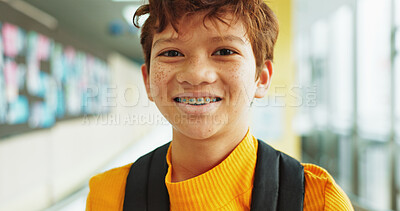 Buy stock photo Portrait, learning and boy with braces, student and confidence with smile, knowledge and elementary academy. Face, kid and childhood with backpack, studying opportunity and campus with education