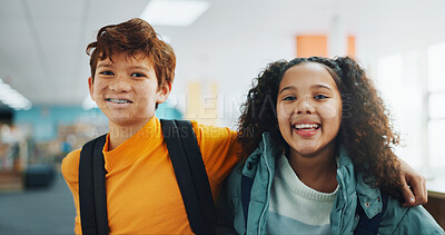 Buy stock photo Portrait, school and kids with education, hug and bonding together with happiness. Face, friends and students with embrace, library and support with learning academy, smile and connection with pride