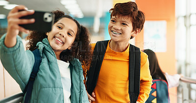 Buy stock photo School, hallway and selfie of kids with backpack and smile for studying, classroom and learning. Students, campus and children with picture for social media and education, friendship and knowledge