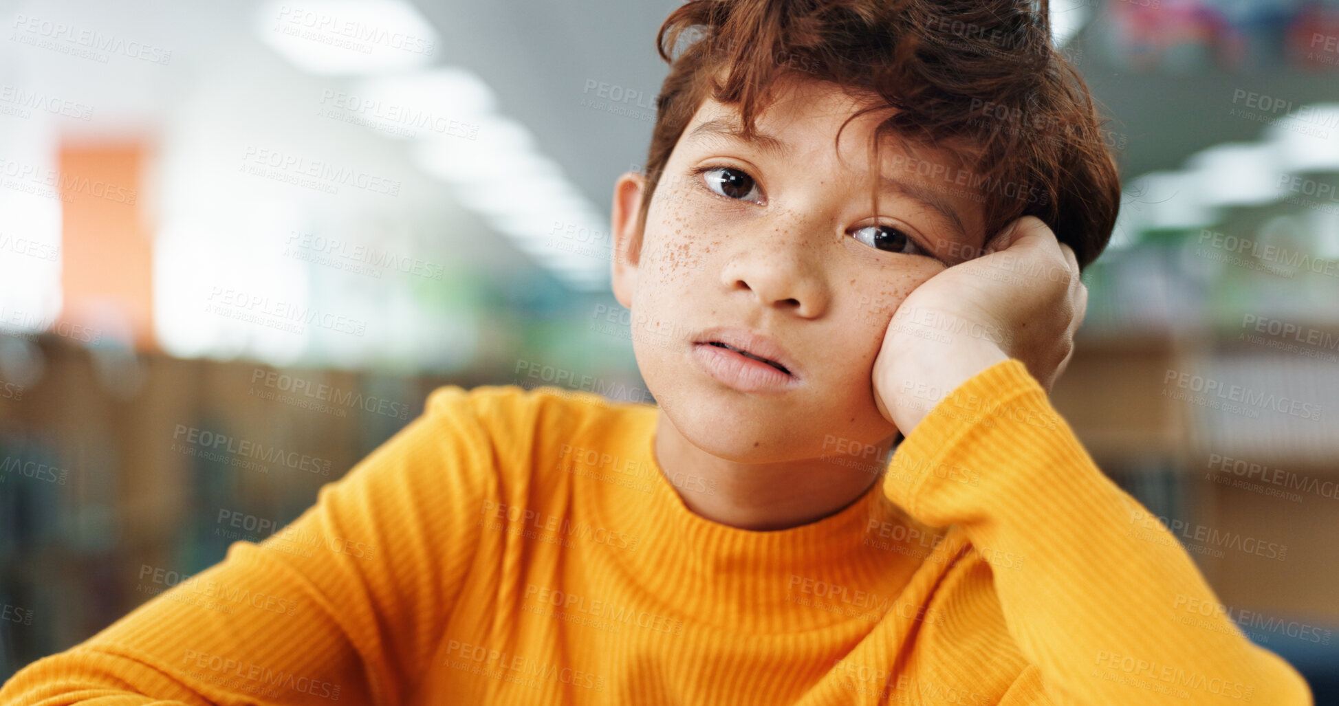 Buy stock photo Thinking, kid and student portrait in library for planning, ideas and study of learning solution. Bored, boy and lazy child with thoughts for education challenge, problem solving and exam reflection