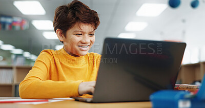 Buy stock photo Student, library and child on laptop for online class, remote education and e learning with knowledge. Virtual school, development and happy pupil typing on technology for growth on teaching platform