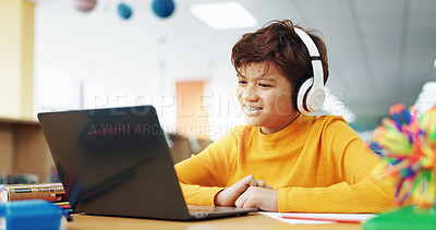 Buy stock photo Child, library and headphones with laptop for video call, e learning or online english class for knowledge. Virtual school, development and happy student on technology for growth on teaching platform