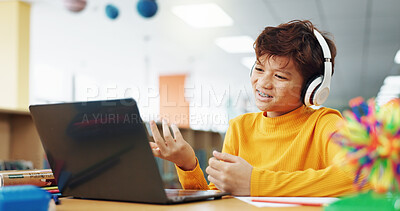 Buy stock photo Kid, library and headphones with laptop for video call, e learning or online class for question. Virtual school, development and curious student on technology for growth on language teaching platform