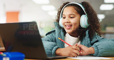 Buy stock photo Student, girl and headphones with laptop for e learning, video call or online class for knowledge. Virtual school, development and child on technology for assignment on teaching platform in library