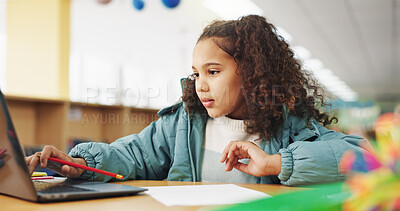 Buy stock photo Student, girl and assessment with laptop for typing, e learning or online class for knowledge. Virtual school, development and child on technology for project activity on teaching platform in library
