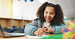 Student, child and writing with laptop for assessment, e learning or online class for knowledge. Virtual school, development and girl on technology for activity on teaching platform in library