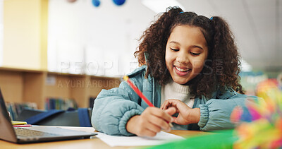 Buy stock photo Student, child and writing with laptop for assessment, e learning or online class for knowledge. Virtual school, development and girl on technology for activity on teaching platform in library