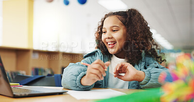 Buy stock photo Elearning, laptop and study with girl in library for homework assessment, education portal and online course. Virtual class, student and knowledge platform with kid on campus for child development