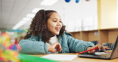 Buy stock photo Elearning, laptop and smile with girl in library for homework assessment, education portal and online course. Virtual class, student and knowledge platform with kid on campus for child development