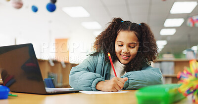 Buy stock photo Child, girl and writing with laptop for exam, e learning or online class for knowledge. Virtual school, development and student on technology for project activity on teaching platform in library