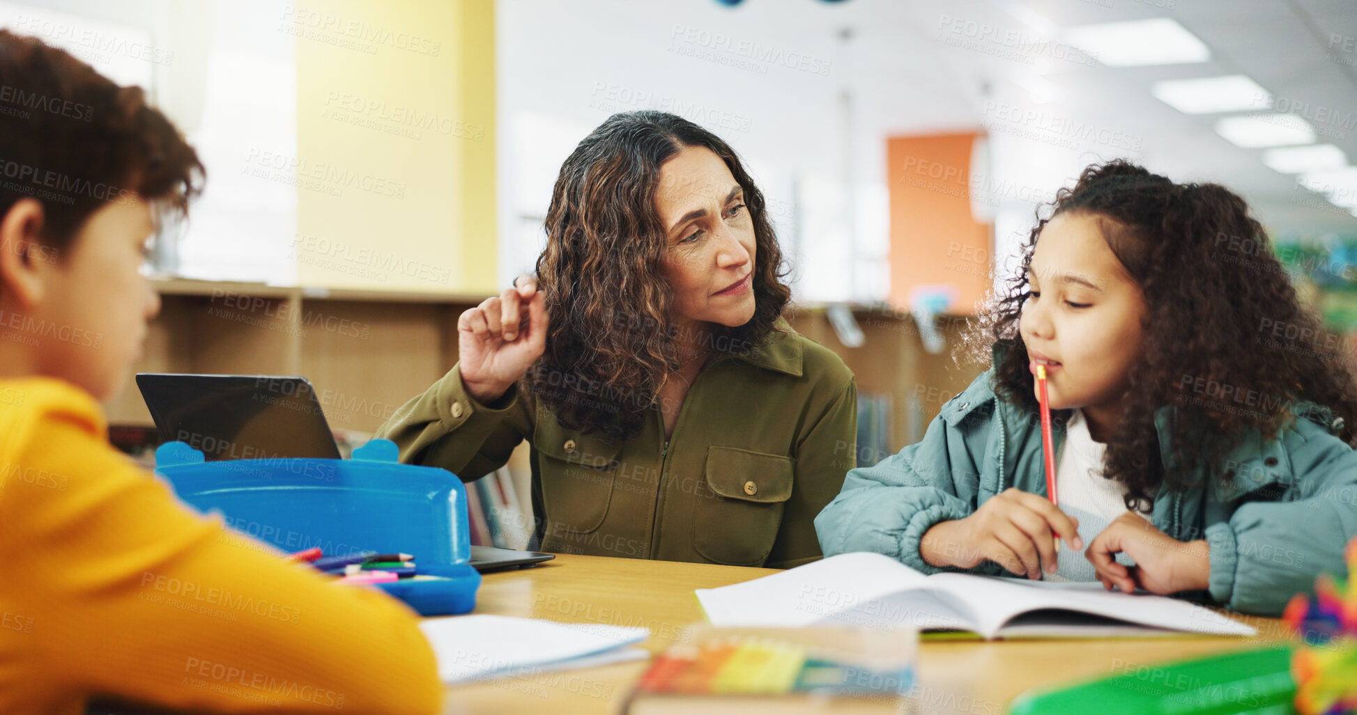 Buy stock photo Education, learning or thinking with students and teacher in library of school for child development. Knowledge, laptop or question with woman educator and kids at academy for elementary scholarship