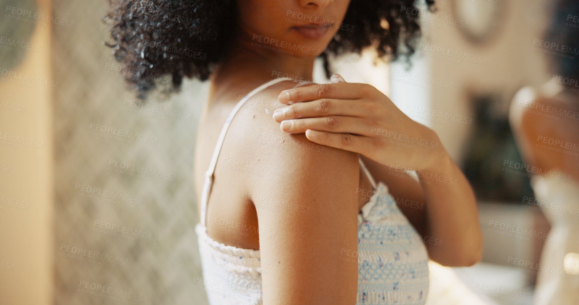Buy stock photo Shoulder, hand and woman with cream for skincare, sunscreen and product for morning routine. Body lotion, cosmetics and person apply moisturizer for hydration, beauty and dermatology in home bathroom