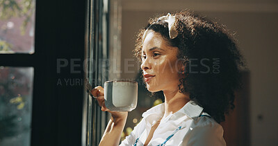 Buy stock photo Coffee, reflection and woman by window with ideas, inspiration and daydreaming in home. Relax, morning break and african person in living room with drink for thinking, wellness and rest on weekend