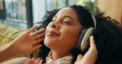 Buy stock photo Relax, music and happy woman with headphones in home, streaming podcast and think of subscription. Living room, audio technology and African person listening to radio, reflection or idea for playlist
