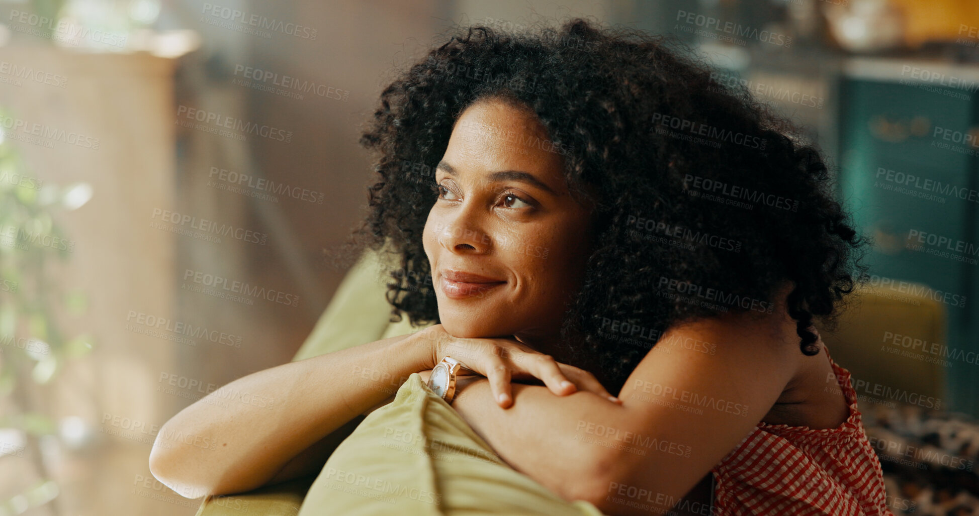 Buy stock photo Happy woman, thinking and relax with sofa for dream, holiday or weekend break at home. Female person, thoughtful or wonder with smile in comfort for rest, memory or peaceful moments on couch at house