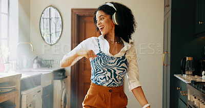 Buy stock photo Happy, woman and dancing with headphones in home for weekend break, music playlist or streaming radio. Dancer, african person and fun with album track, listening to audio or media podcast with energy