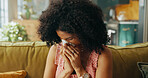 Sick woman, sofa and blowing nose with tissue for sneeze, viral infection or sinus at home. Female person, allergies or hayfever with influenza or flu for virus, disease or cough on couch at house