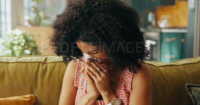 Buy stock photo Sick woman, sofa and blowing nose with tissue for sneeze, viral infection or sinus at home. Female person, allergies or hayfever with influenza or flu for virus, disease or illness on couch at house