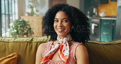 Buy stock photo Portrait, smile and woman relax in apartment for peace, calm and chill on sofa on weekend in living room. Happy, female person and resting on couch for comfort, confidence and break in home in Brazil