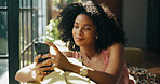 Happy, phone and African woman on sofa in home for social media, networking and communication. Apartment, living room and person on smartphone for online chatting, internet post or website on weekend