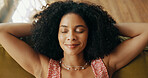 Happy woman, sleeping and relax above with sofa for break, rest or day off in comfort at home. Top view, female person or asleep with smile in peace, zen or satisfaction for done tasks or completion