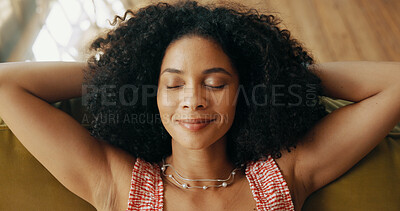 Buy stock photo Happy woman, sleeping and relax above with sofa for break, rest or day off in comfort at home. Top view, female person or asleep with smile in peace, zen or satisfaction for done tasks or completion