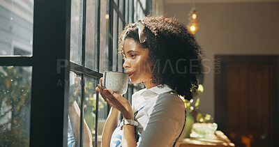 Buy stock photo Coffee, drink and African woman by window with ideas, inspiration and daydreaming in home. Relax, morning break and beverage in living room with thinking for reflection, wellness and rest on weekend