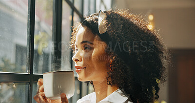 Buy stock photo Coffee, thinking and woman by window with ideas, inspiration and daydreaming in home. Relax, morning break and African person in living room with drink for reflection, wellness and rest on weekend