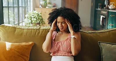 Buy stock photo Frustrated woman, headache and stress with depression on sofa for mental health, fatigue or symptoms at home. Female person, migraine or ache with pain or vertigo for burnout or anxiety at house