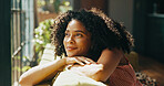 Thinking, daydreaming and woman relaxing in home on weekend with memory, self reflection or gratitude. Happy, calm and female person with decision, choice or peaceful morning on sofa in apartment.
