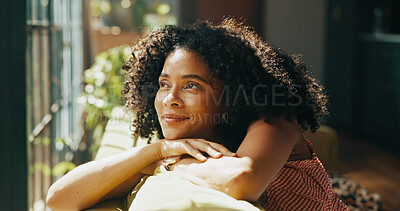 Buy stock photo Thinking, daydreaming and woman relaxing in home on weekend with memory, self reflection or gratitude. Happy, calm and female person with decision, choice or peaceful morning on sofa in apartment.