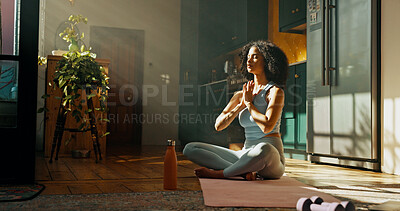 Buy stock photo Chakra, meditation and yoga with woman on floor of home for balance, inner peace or mindfulness. Holistic, pilates and zen with yogi person in apartment for awareness, health or wellness routine