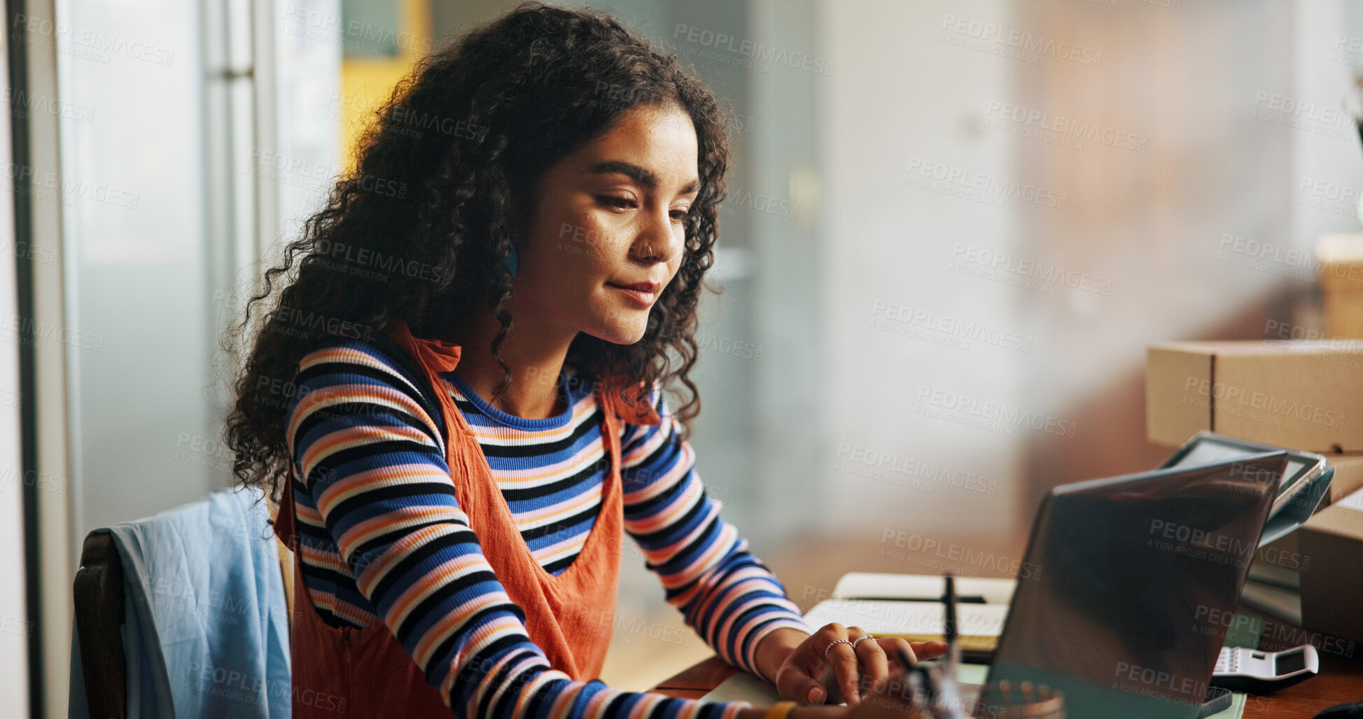 Buy stock photo Online shop, woman and reading laptop at small business for inventory management and stock procurement. Ecommerce, startup owner and technology for shipping info, website review and tracking delivery