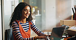 Ecommerce, woman and typing on laptop at small business for inventory management, online order or tracking delivery. Happy, startup owner and technology for shipping info and reading website reviews