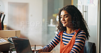 Buy stock photo Small business, ecommerce and woman and typing on laptop for stock procurement and client email. Dropshipping, startup owner and technology for planning schedule, shipping info and tracking delivery