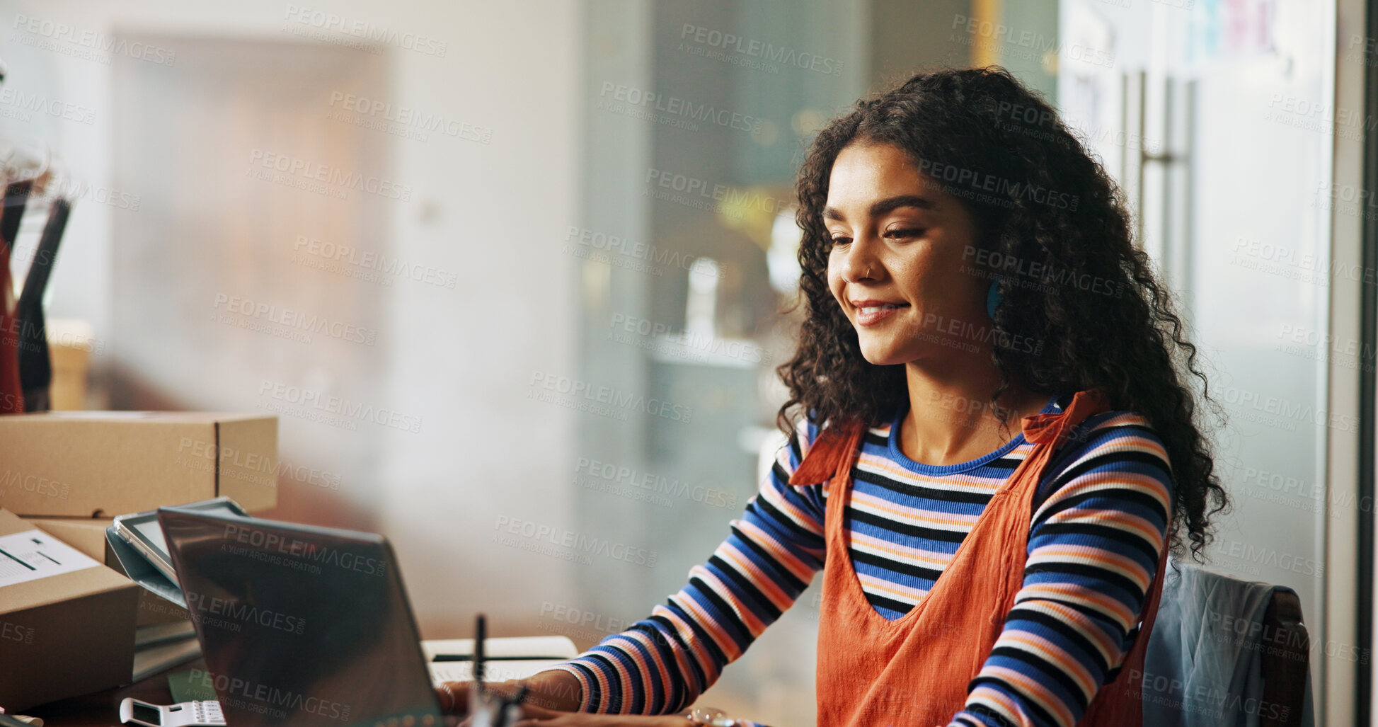 Buy stock photo Small business, ecommerce and woman and typing on laptop for stock procurement and client email. Dropshipping, startup owner and technology for planning schedule, shipping info and tracking delivery