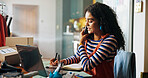 Woman, phone call and writing notes for small business, courier service and schedule of delivery. Person, mobile discussion and information for fashion order, inventory management and stock feedback