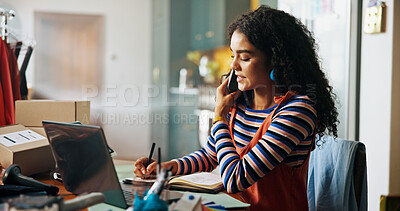 Buy stock photo Woman, phone call and writing notes for small business, courier service and schedule of delivery. Person, mobile discussion and information for fashion order, inventory management and stock feedback