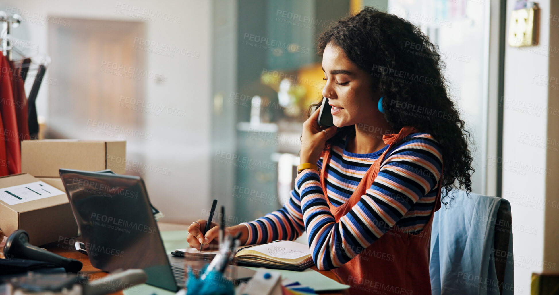 Buy stock photo Woman, phone call and writing notes for small business, courier service and schedule of delivery. Person, mobile discussion and information for fashion order, inventory management and stock feedback