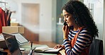 Woman, phone call and notebook for fashion small business, courier service and delivery schedule. Person, mobile discussion and information for order notes, inventory management and customer feedback