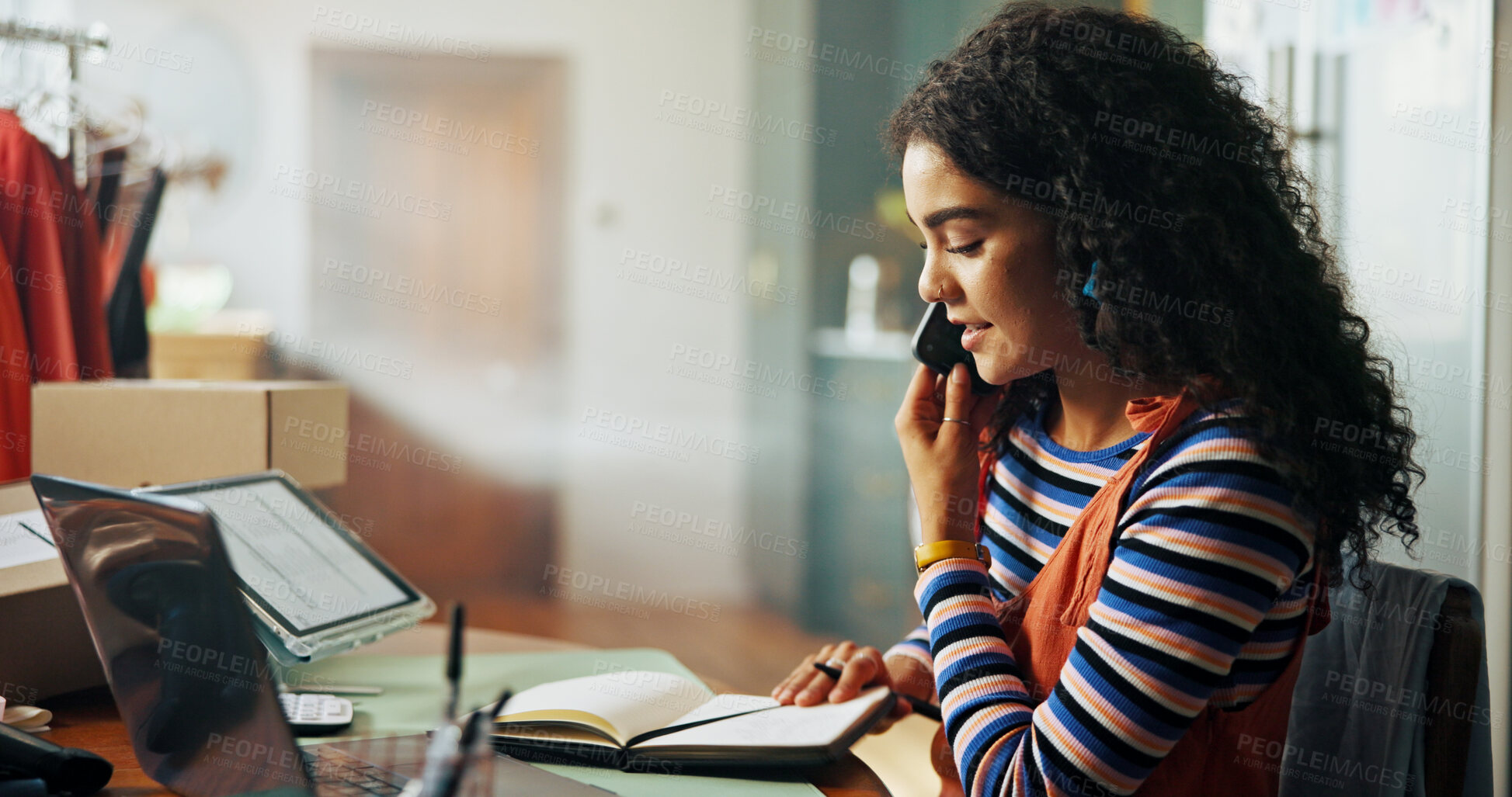 Buy stock photo Woman, phone call and notebook for fashion small business, courier service and delivery schedule. Person, mobile discussion and information for order notes, inventory management and customer feedback