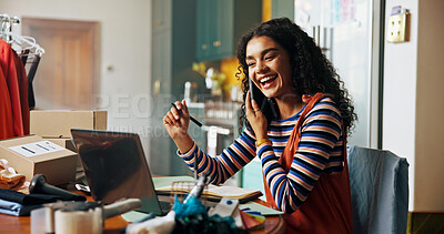 Buy stock photo Woman, laptop and phone call for small business, courier service and schedule of delivery. Person, laughing and mobile discussion with information of fashion orders, inventory management and feedback