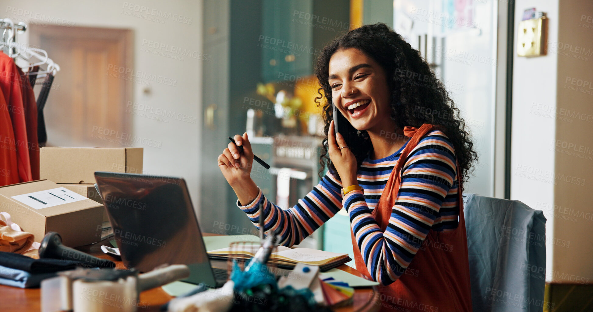 Buy stock photo Woman, laptop and phone call for small business, courier service and schedule of delivery. Person, laughing and mobile discussion with information of fashion orders, inventory management and feedback