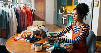 Buy stock photo Woman, fashion and typing on laptop of small business for stock check, planning logistics and checklist. Person, digital and review sale with online orders, inventory management and schedule delivery