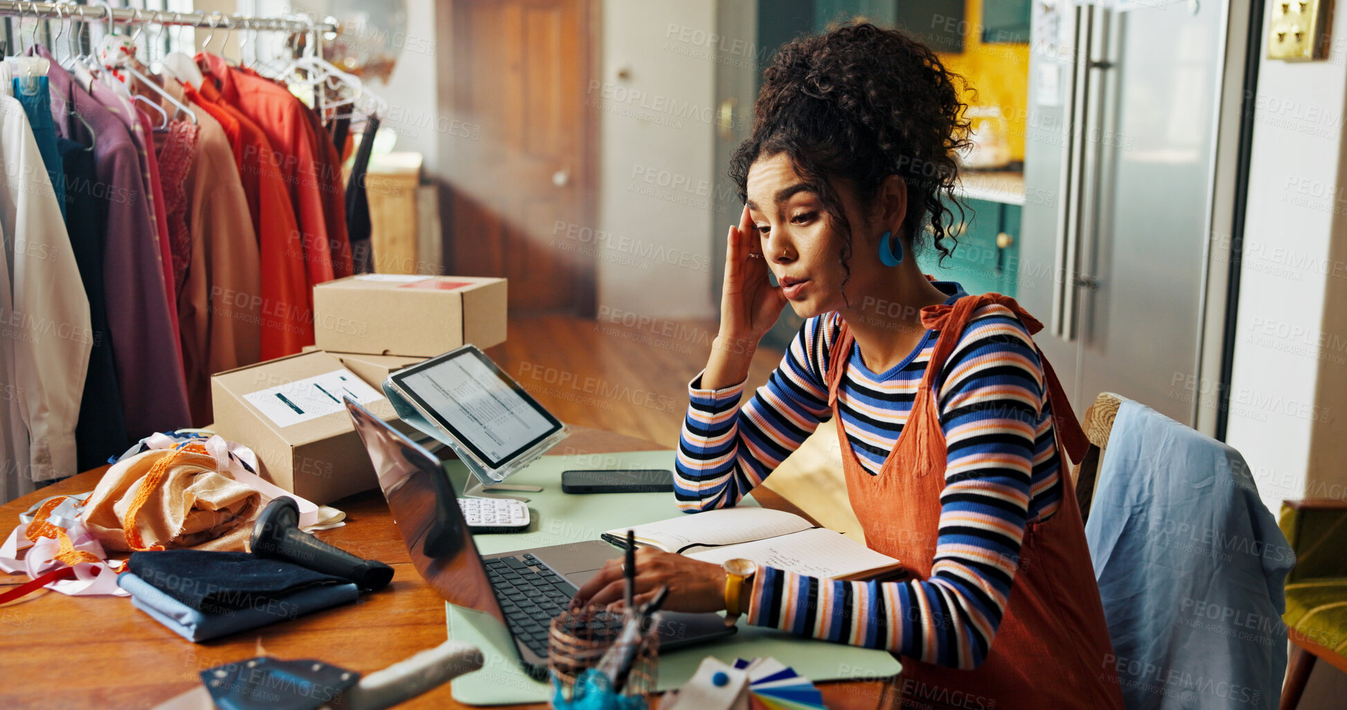 Buy stock photo Headache, stress and woman on laptop for small business, lost order and package mistake of courier fail. Migraine, person and check online of logistics error, inventory management and delivery crisis