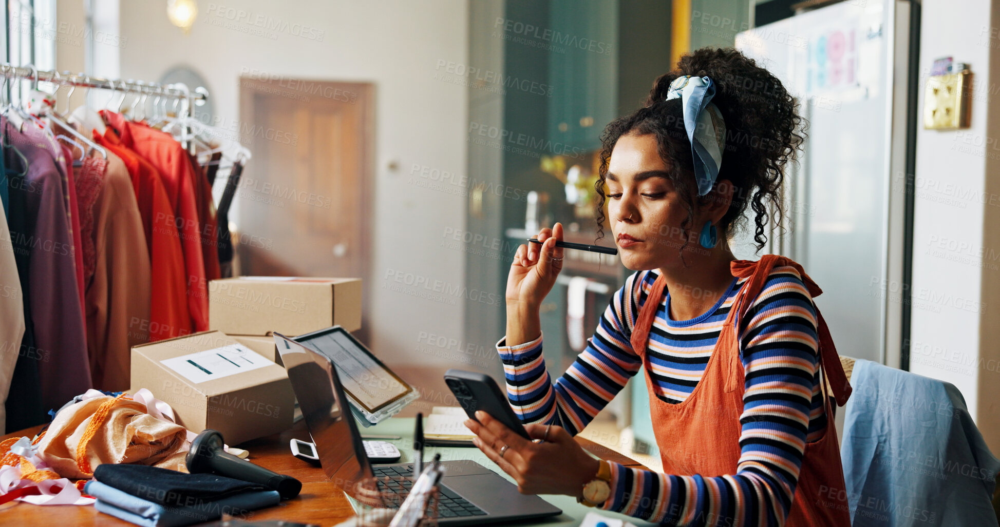 Buy stock photo Woman, phone and texting for small business, ecommerce and fashion boutique startup with online sales. Designer, technology and digital website for internet store, retail service and quality control